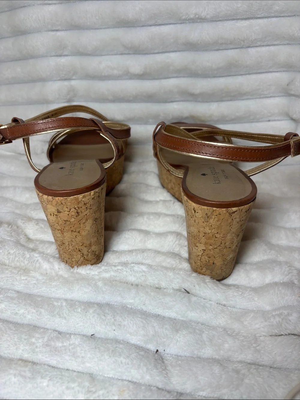 Kate Spade New York Brown/Gold Strappy Platform Cork Wedge Sandals EUC Size 8